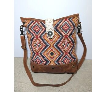 Myra Bag Southwestern Cowgirl Purse Crossbody Woven Canvas Leather Cowhide Orang